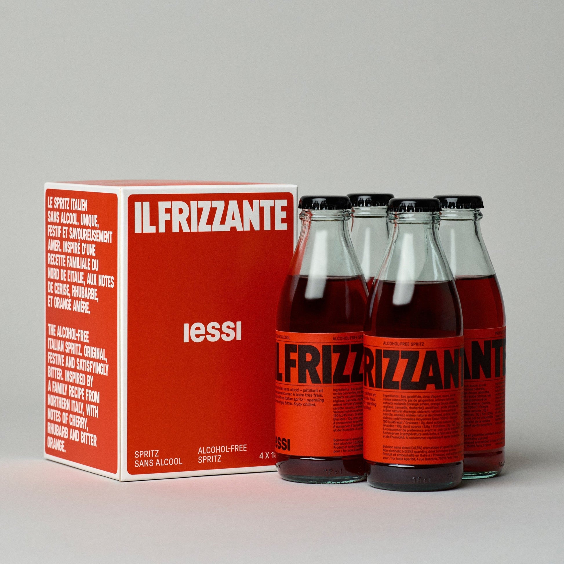 Four bottles of Il Frizzante with a red box on a gray background